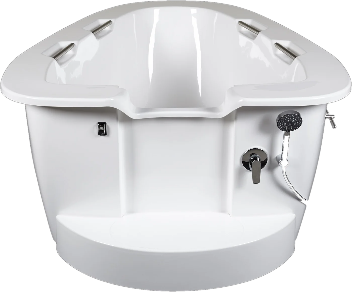 AQVA maternity bath, front view, with four stainless steel grab handles, hand shower and removable step